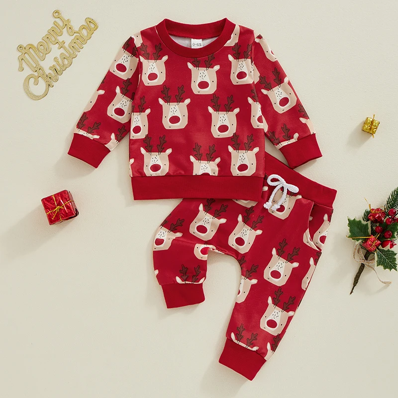 2024-07-13 Lioraitiin Baby Christmas Set, Cartoon Elk Print Long Sleeve O-Neck Sweatshirt with Elastic Waist Sweatpants Outfit