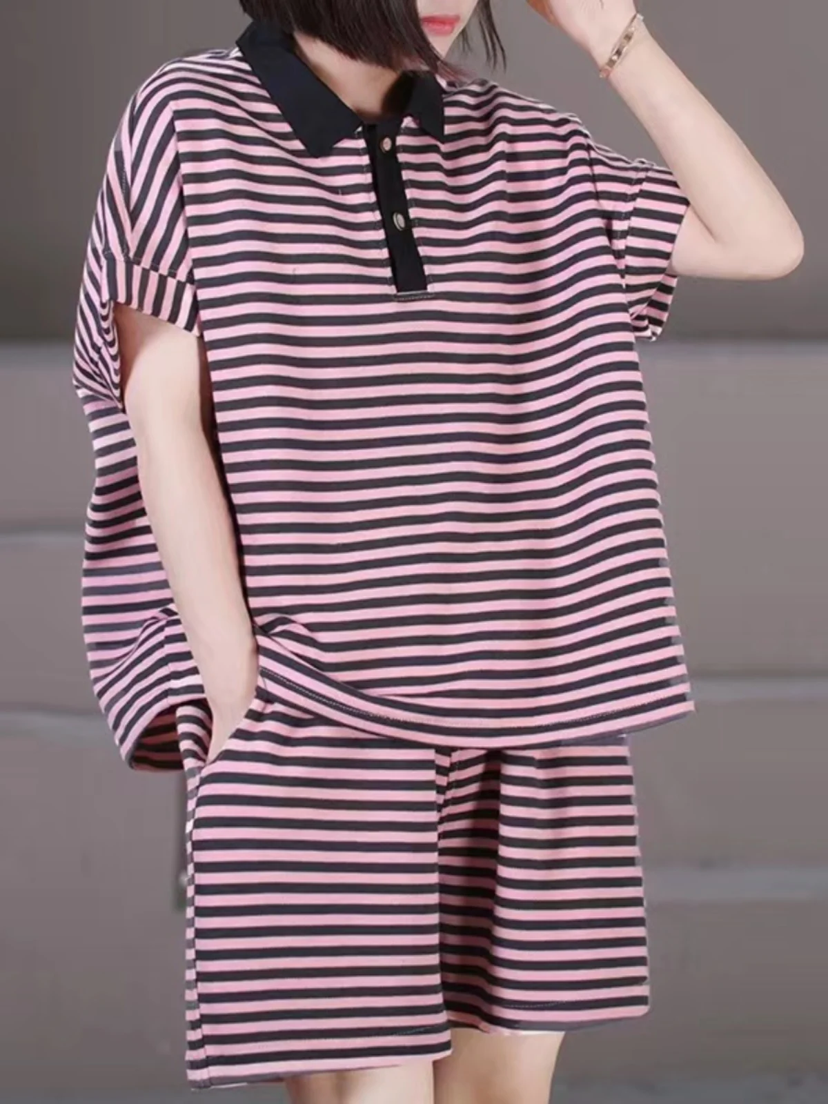 

plus Size Summer Casual Outfit Women's Slimming Stripe Ne T-irt orts Two-Piece Set Faionable Lightweight Cotton