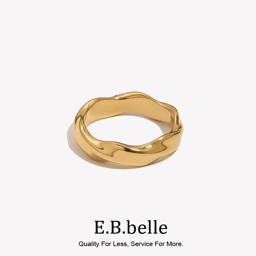 E.B.belle Minimalist Basic Waterwave Twist Gold Rings For Woman Stainless Steel 18K Gold Plated Waterproof Women Rings Jewelry