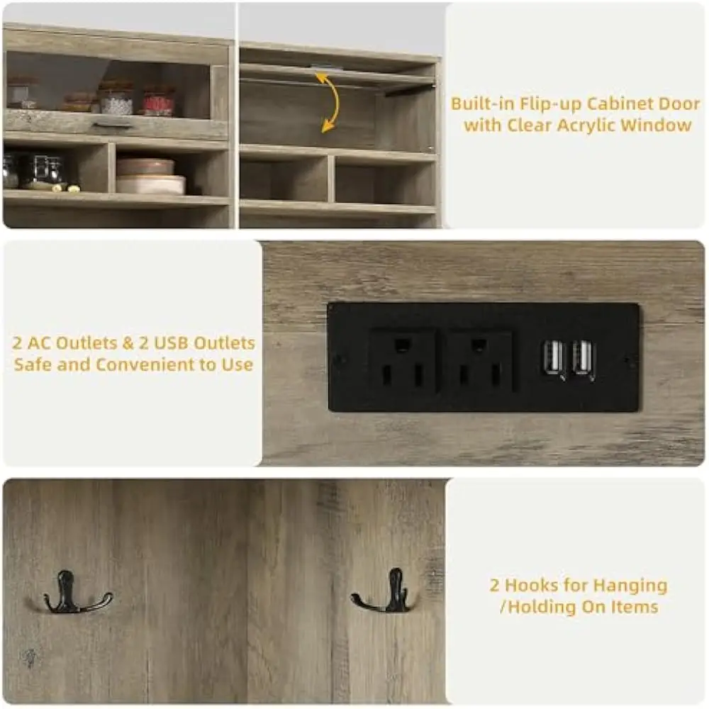 Mobiletto per dispensa da cucina da 67", scaffale per panettiere con armadietto portaoggetti, bar con stazione di ricarica, credenza per buffet