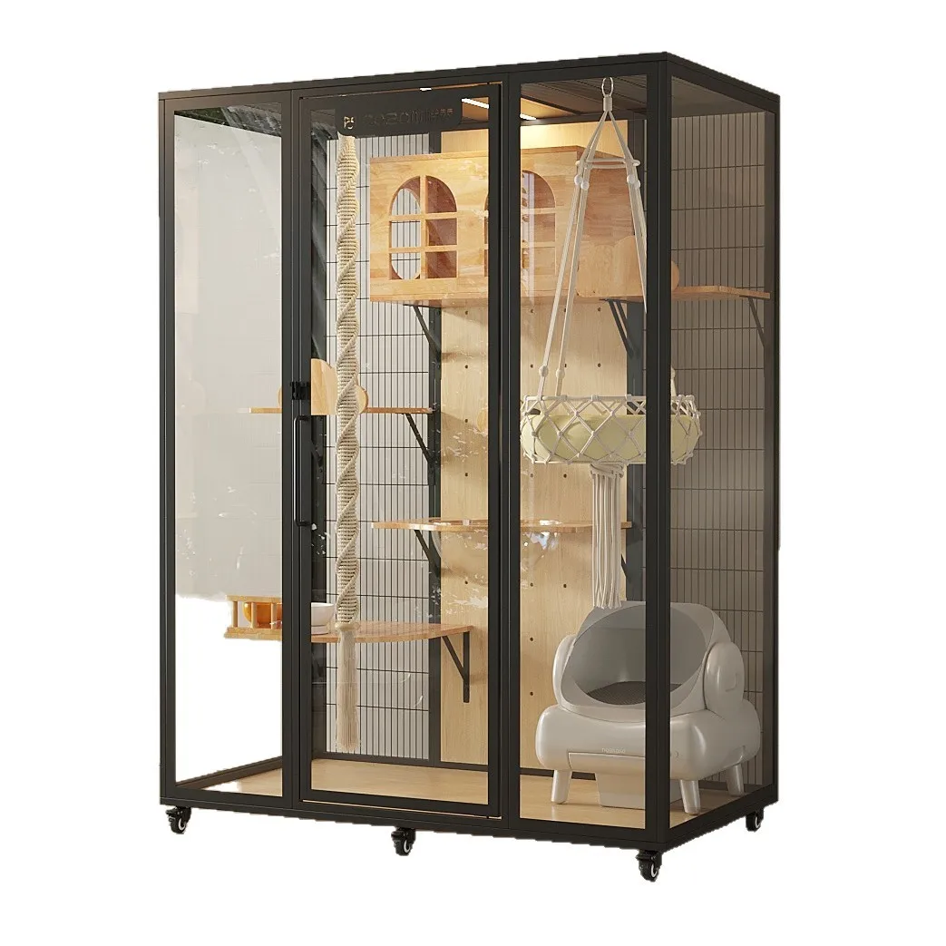 Antarctic cat cage cat villa panoramic glass solid wood nest pet house panoramic glass cage