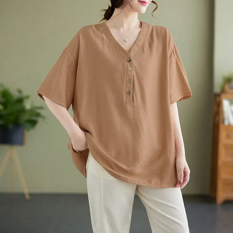 Simple Versatile Summer Women\'s V-neck Solid Color Single Broken Ice Silk Fabric Cotton Fashion Casual Short Sleeve Loose Tops