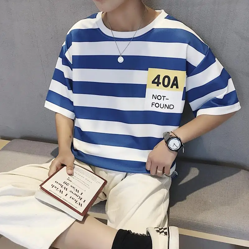 

Hong Kong style round neck loose striped short-sleeved men's T-shirt ins summer new Korean version student trend versatile tops