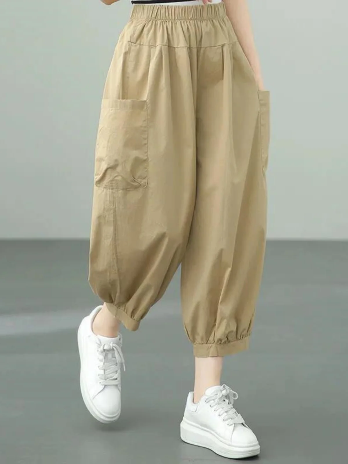 High Waist Cotton Chino Trousers Women's Summer New Style Slimming Harem Pants Cuffed Lantern Pants Commute Style Thin Model