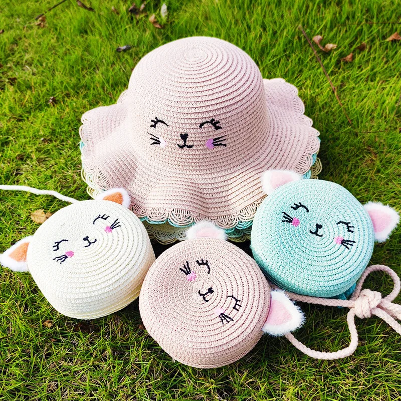 Summer Straw Bag Children\'s Small Shoulder Bags Baby Girls Mini Coin Purses Cute Cat Kids Chest Crossbody Bags Cartoon Straw Hat