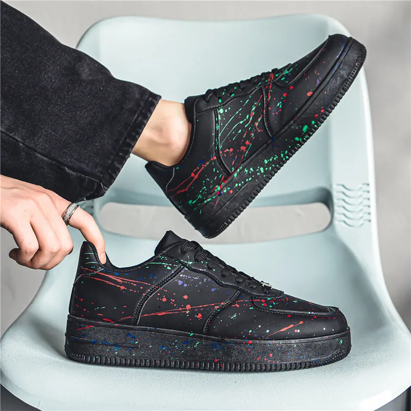 Casual Sneaker Leather Shoes Skateboard Round Toe Fashion Men\'s Casual Shoes Soft and Comfortable Non-slip Shoes Splash-ink