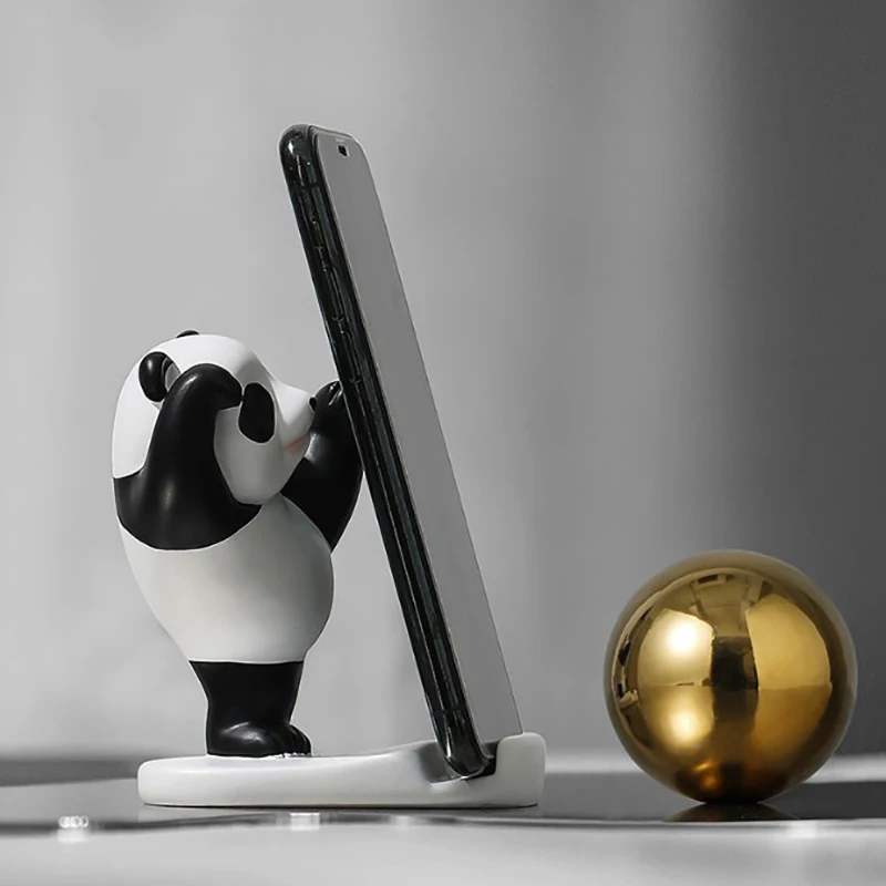 Panda Figurines For Interior Universal Cell Mobile Phone Stand Holder Modern Resin Sculpture Statue Home Office Desk Decor