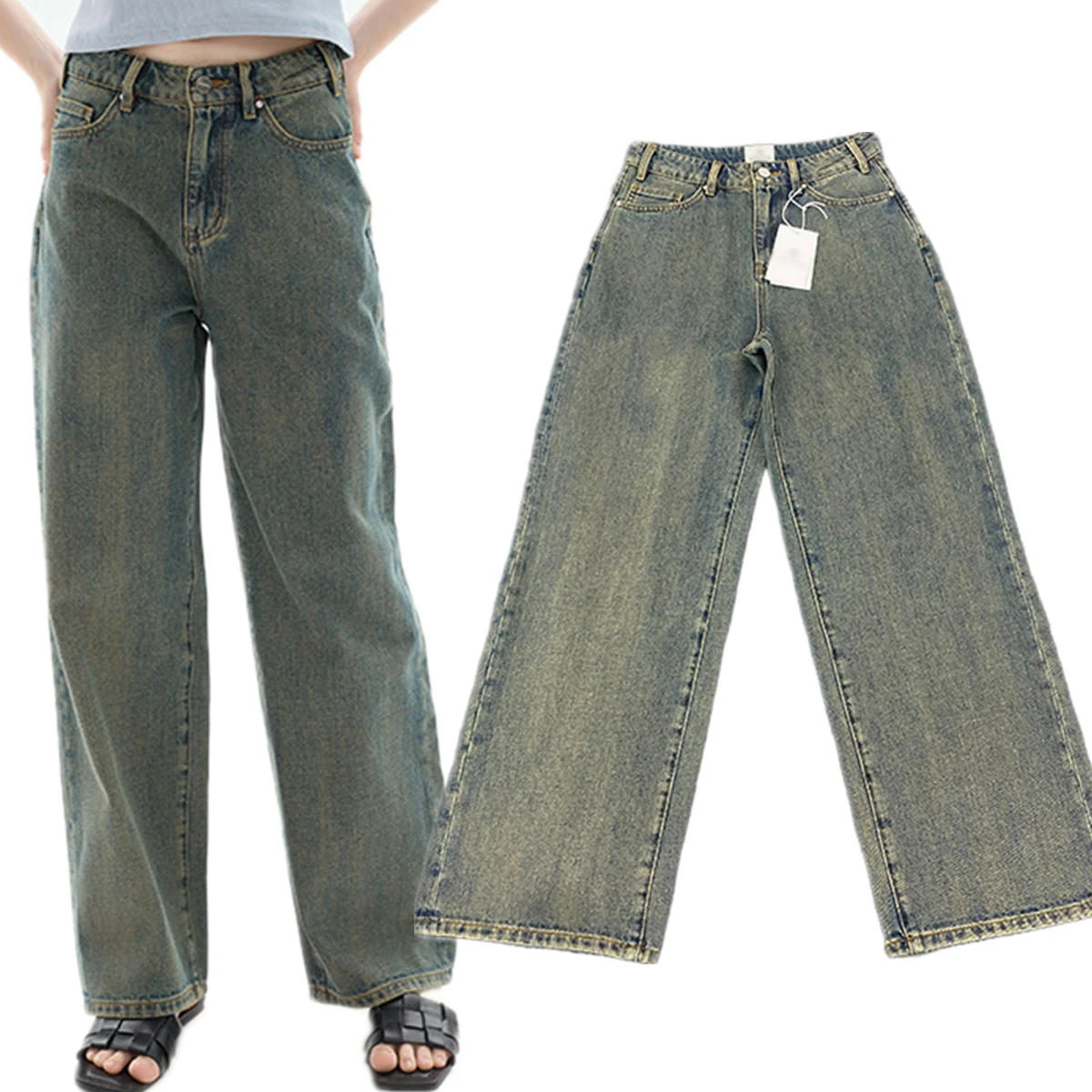 

Jenny&Dave Minimalist American Retro Distressed Straight Jeans High Street Boyfriend Washed Nano Old Blue Denim Pants Women