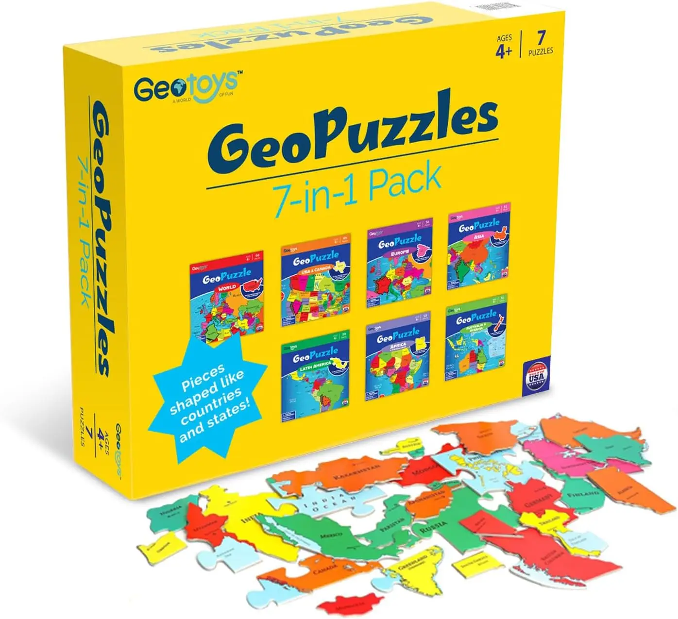 GeoPuzzle Country-Shaped 7-in-1 Box Jigsaw Puzzles, Puzzle for Kids