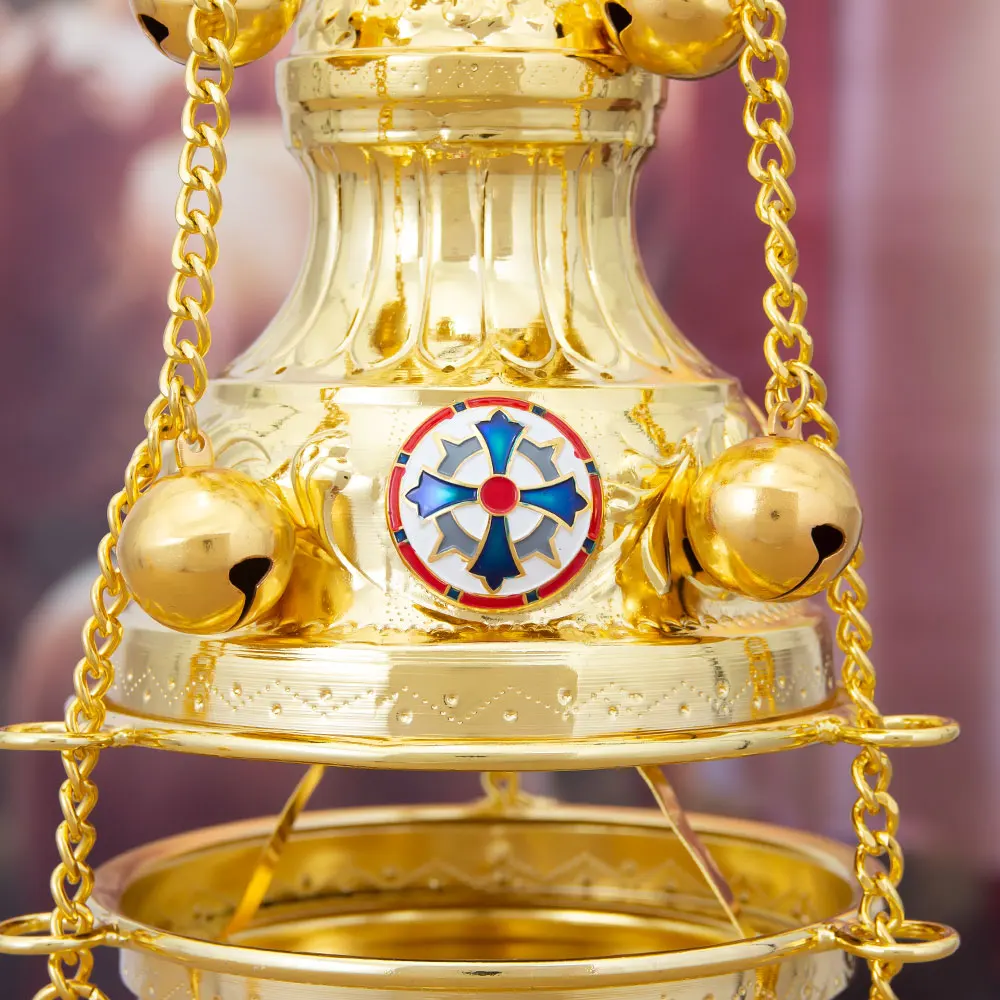 مبخرة ثوربل أرثوذكسية ذهبية عتيقة معلقة مع سلسلة أجراس مبخرة الكنيسة الكبيرة لديكور مذبح الحفل الديني #4