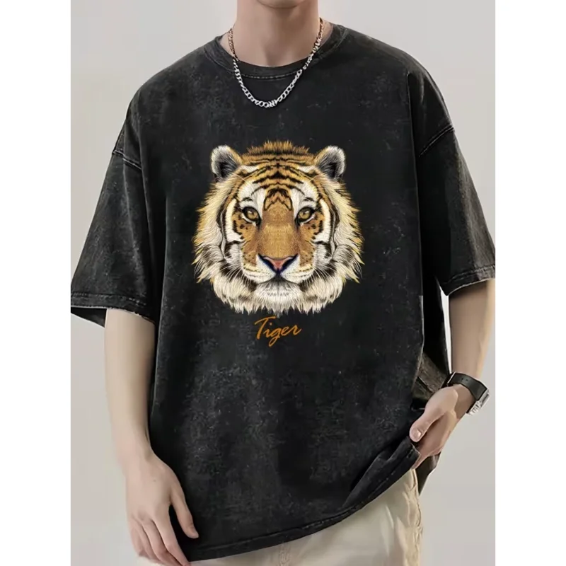 Vintage Washed Tiger Head Print Oversize T Shirt Distressed Animal Graphic Streetwear Tee Unisex Casual Loose Hip Hop Y2K Top