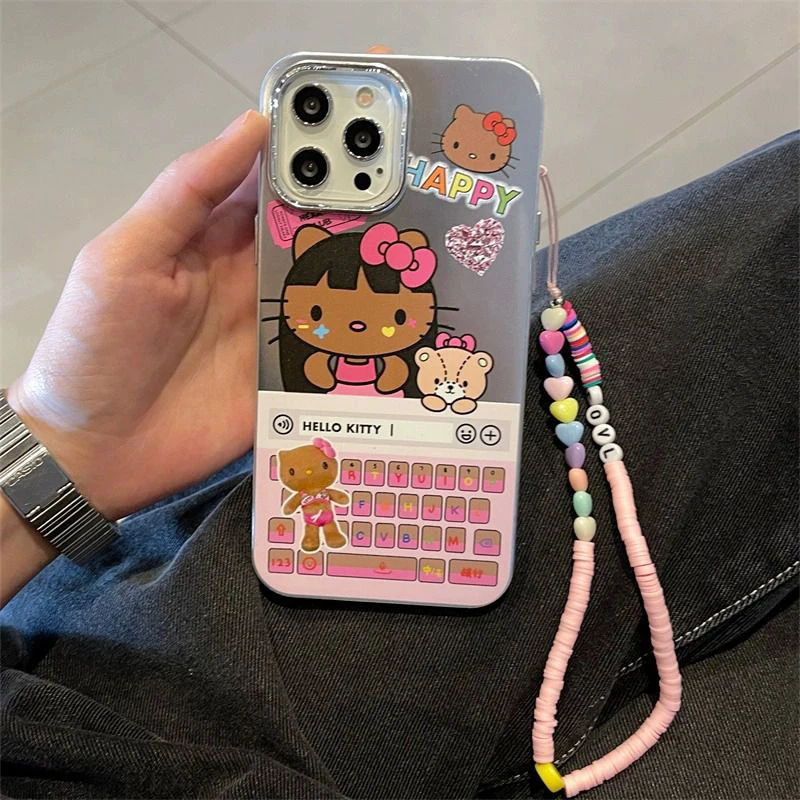 Sanrios Hello Kitty Phone Case with Chain for Iphone 14 13 12 11 Pro Max Phone Shell Cute Y2K Girly Cartoon Anti-Slip Back Cover