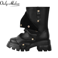 Onlymaker Women Round Toe Plaftorm Fold Over Boots Block Heel Western Pull on Fashion Ankle Boots