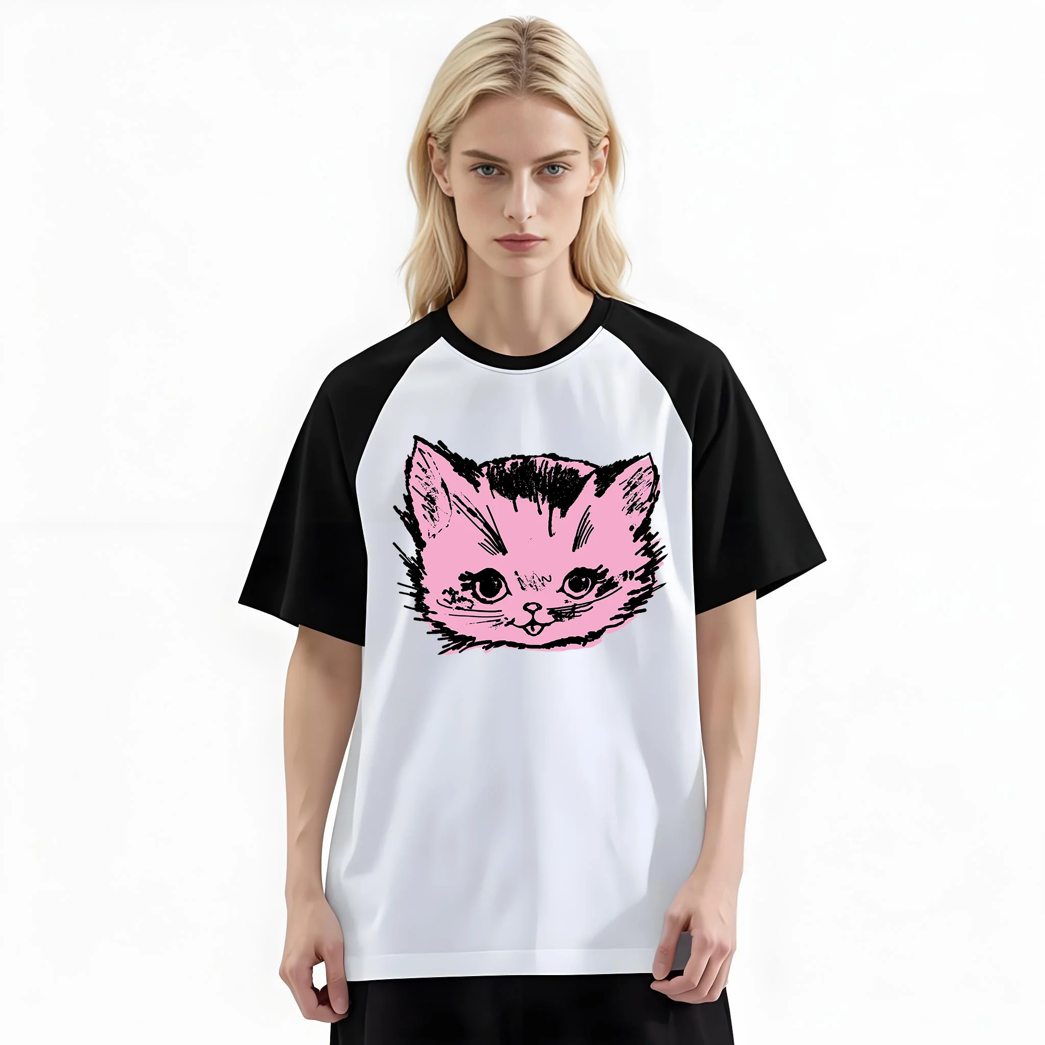 Women'S Fashion Raglan Sleeve T-Shirt, Vintage Pink Fluffy Kitten Cartoon Printed, Summer Casual Comfortable Tee, Women'S Everyday Short-Sleeve Top