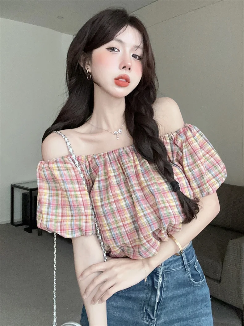 Blus katun nyaman gaya Korea musim panas baru Atasan Crop leher Slash seksi manis lengan Puff cantik jalan tinggi