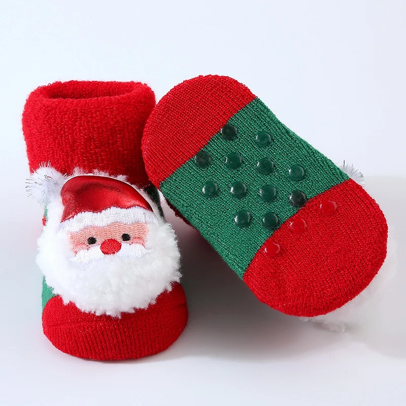 0-3T Winter Baby Sock Winter Cartoon Elk Tree Christmas Red Thick Warm Stocking Infant Anti-slip Floor Terry Sock Christmas Gift