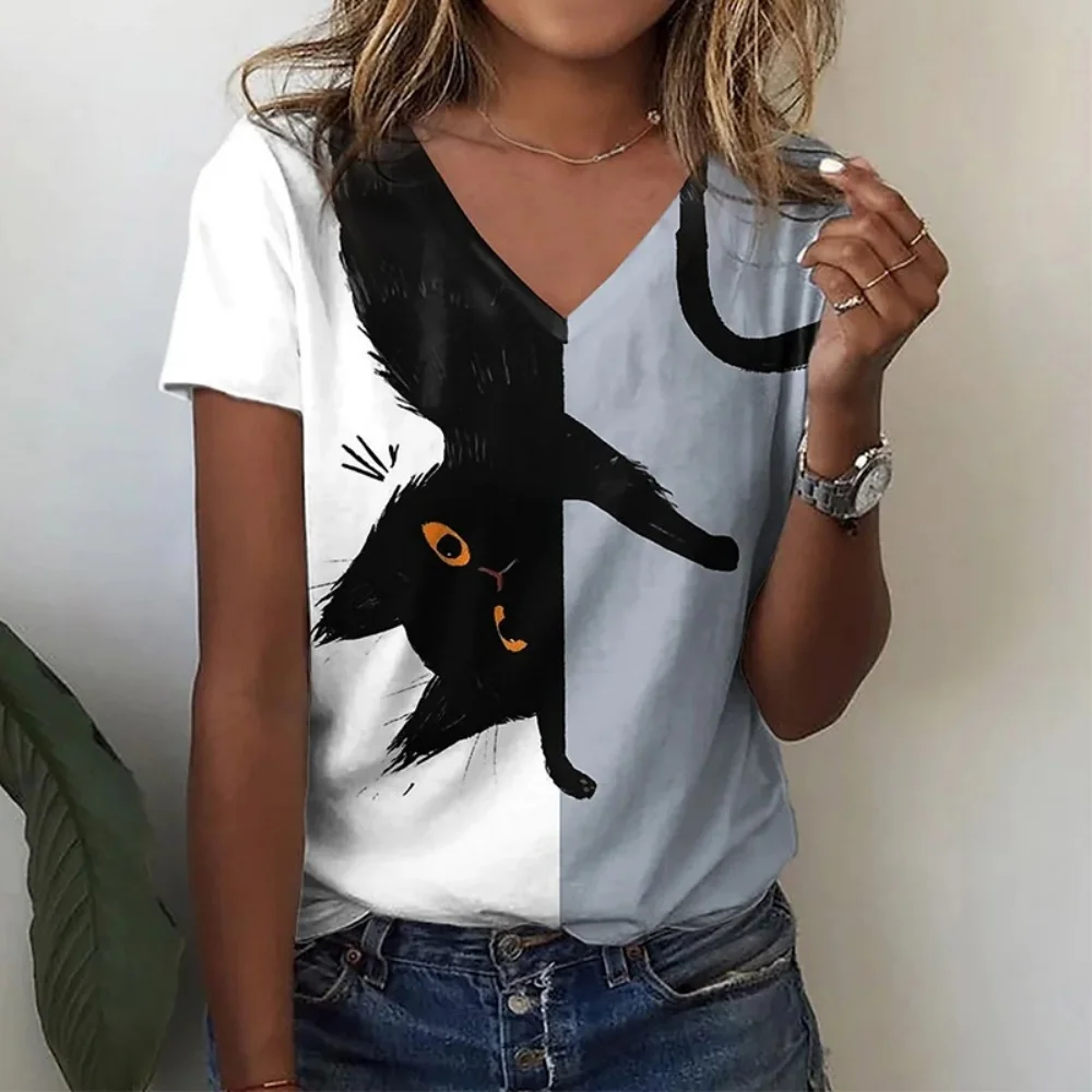 3D Funny Cats Print T Shirts For Women V-neck Short Sleeve Casual Fashion Kawaii Graphics T-shirt Oversized Female Girls Clothes