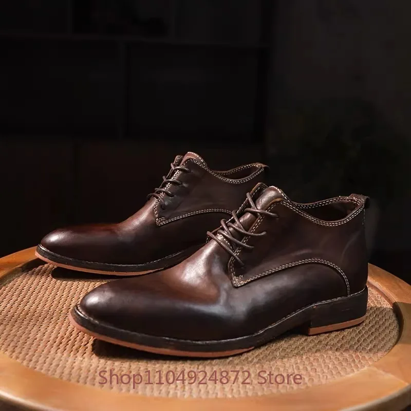 

Handmade Motorcycle High Top Shoes Men British Style Business Suit Pointed Toe Soft Sole High Top Genuine Leather Chelsea Boots