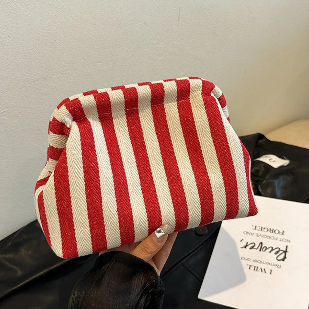 Monederos de ganchillo de gran capacidad a la moda, bolsos de mano con patrón de rayas de lona de ganchillo, bolsa de maquillaje para mujer