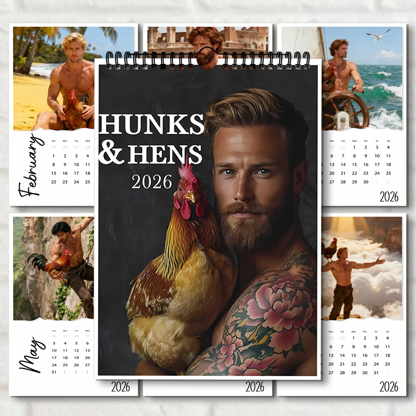 

1PC 2026 Hunks & Chickens Themed Wall Calendar, Ideal for Home Decor & Personal Space Styling, Funny Wall Calendar