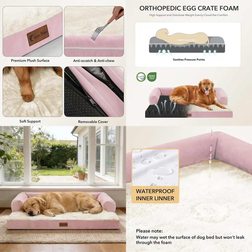 Extra Large Waterproof Egg Crate Foam Dog Bed XL, 48x30Inch with Removable Cover and Nonskid Bottom, Pink