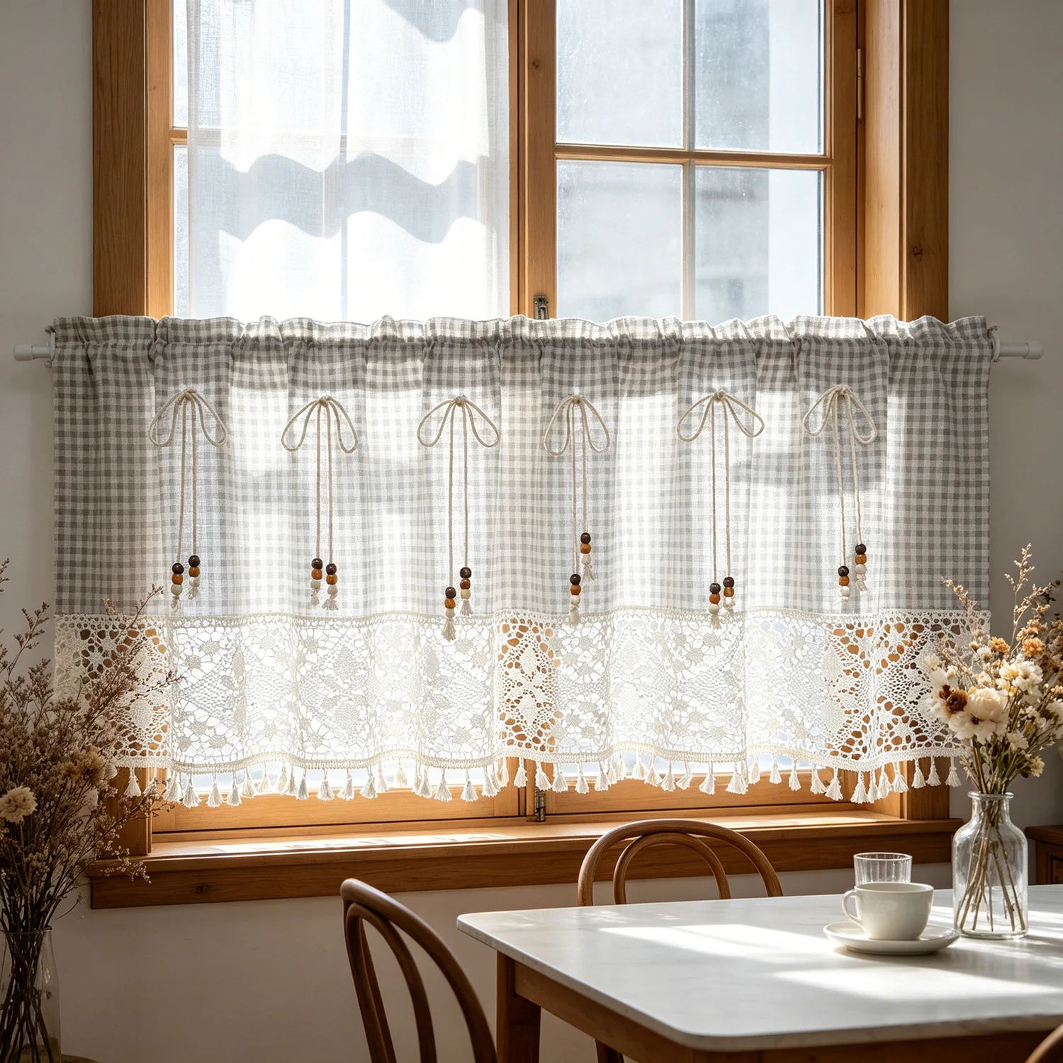 

Bohemian Tassel Curtains, Plaid Fabric Spliced with Hollow Crochet Lace Short Curtains for Kitchen Window, Boho Home Decor