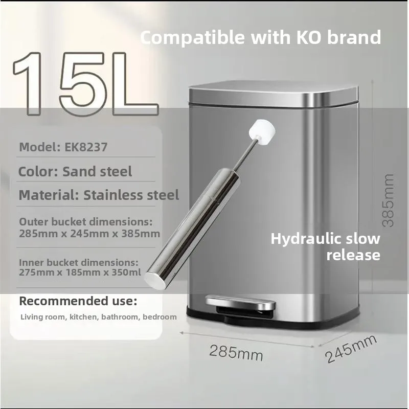 Damping Descender for Trash Can 15L Capacity Household Stainless Steel Foot Pedal Open Cover Square Shape Garbage Can