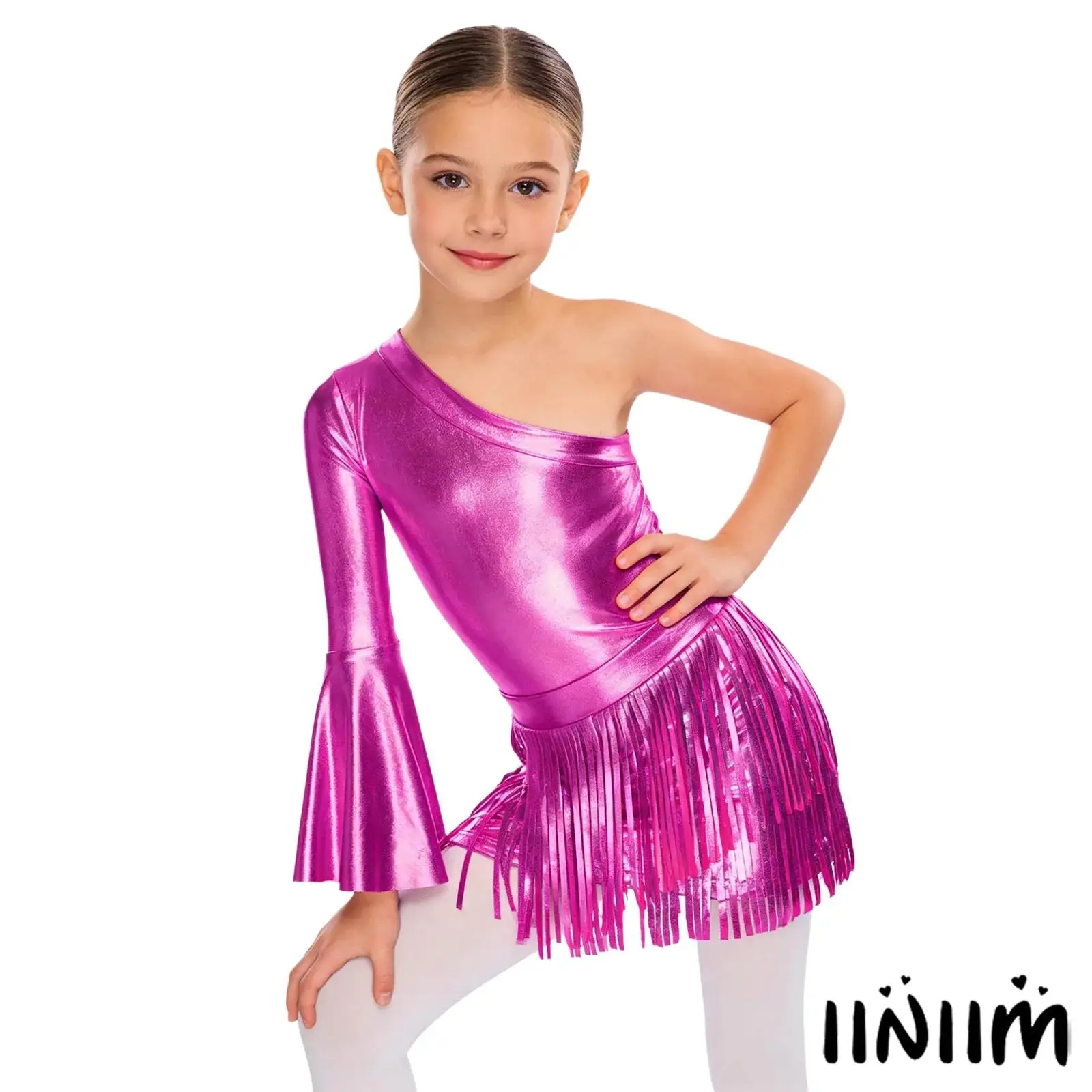 

Kids Girls 2 Pieces Western Cowgirl Costumes Outfit Metallic Glossy Right Long Flare Sleeve Jumpsuit Bodysuit with Fringed Skirt