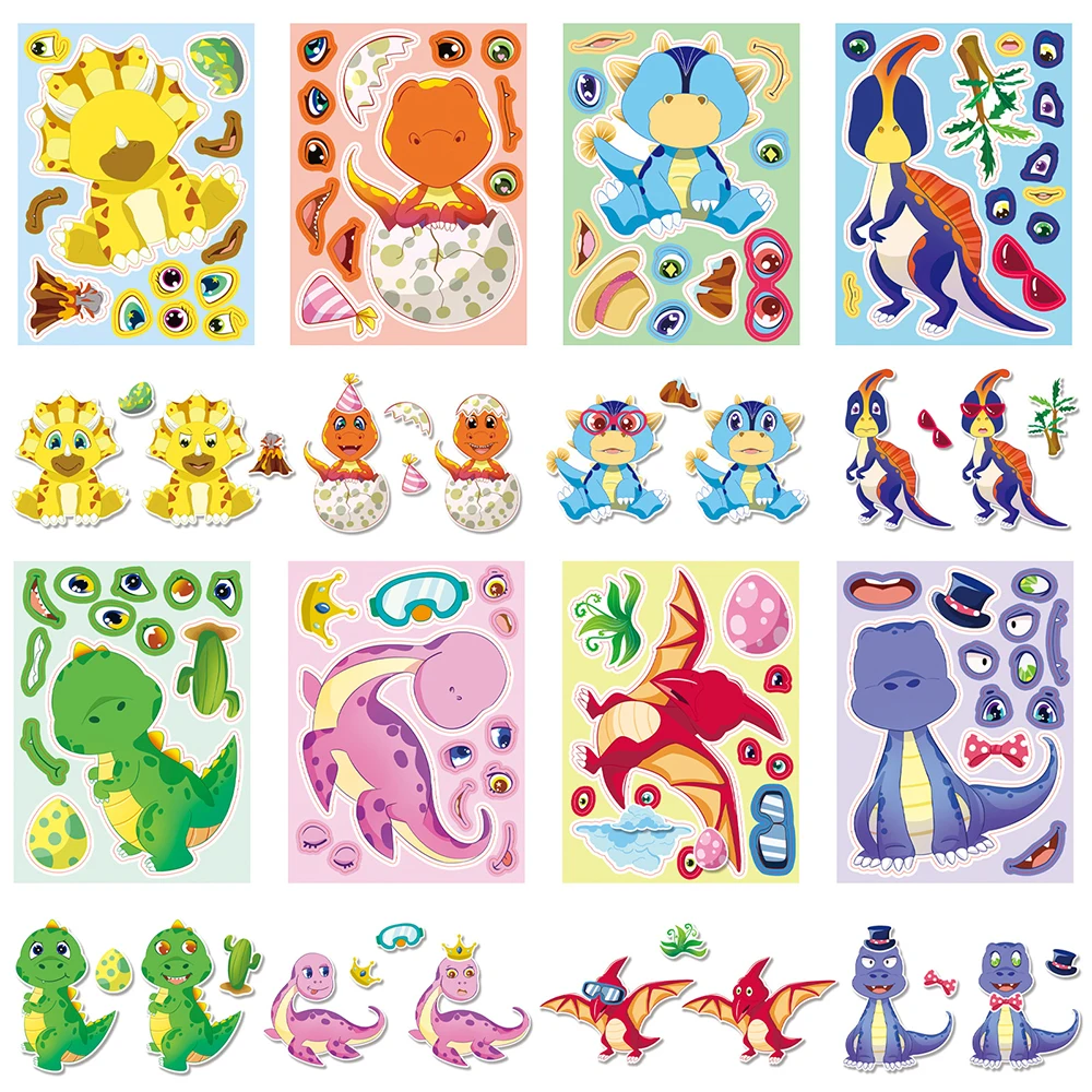 

8/16sheets Kawaii Animal Dinosaur Puzzle Stickers Cute Cartoon Make a Face DIY Assemble Jigsaw Educational Toys Decals Wholesale