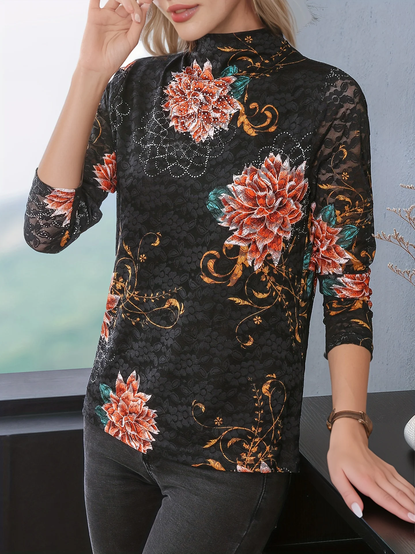 

New Young and Elegant Lace Bottom Shirt for Women - Elastic Half High Collar Long Sleeve High end Fashion T-shirt