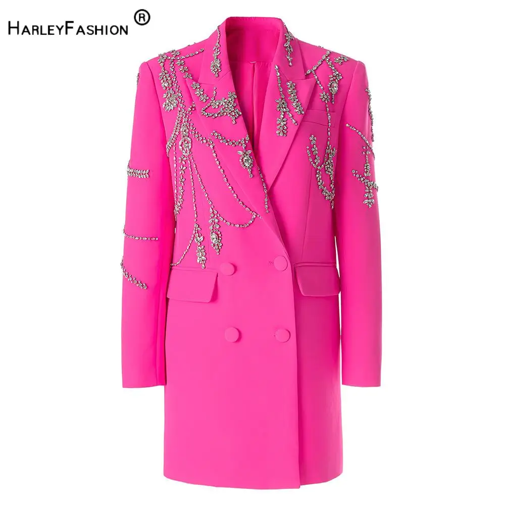 

Autumn Winter Fine Workmanship Rhinestone Beading Double-breasted Long Sleeve Women Office Blazer Short Mini Notched Dress