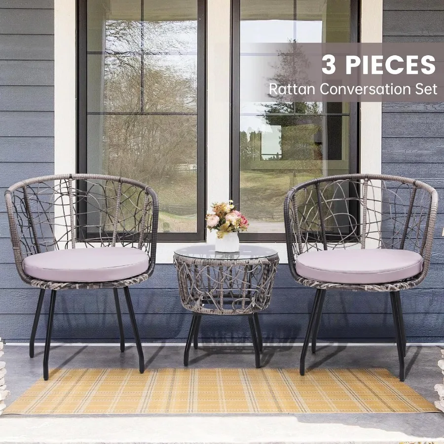 طقم بيسترو حديث للاستخدام الخارجي مع سطح طاولة من الزجاج المقسى وكرسيين للحديقة أو الفناء يتميز بوسائد قابلة للغسل من الروطان الرمادي #2