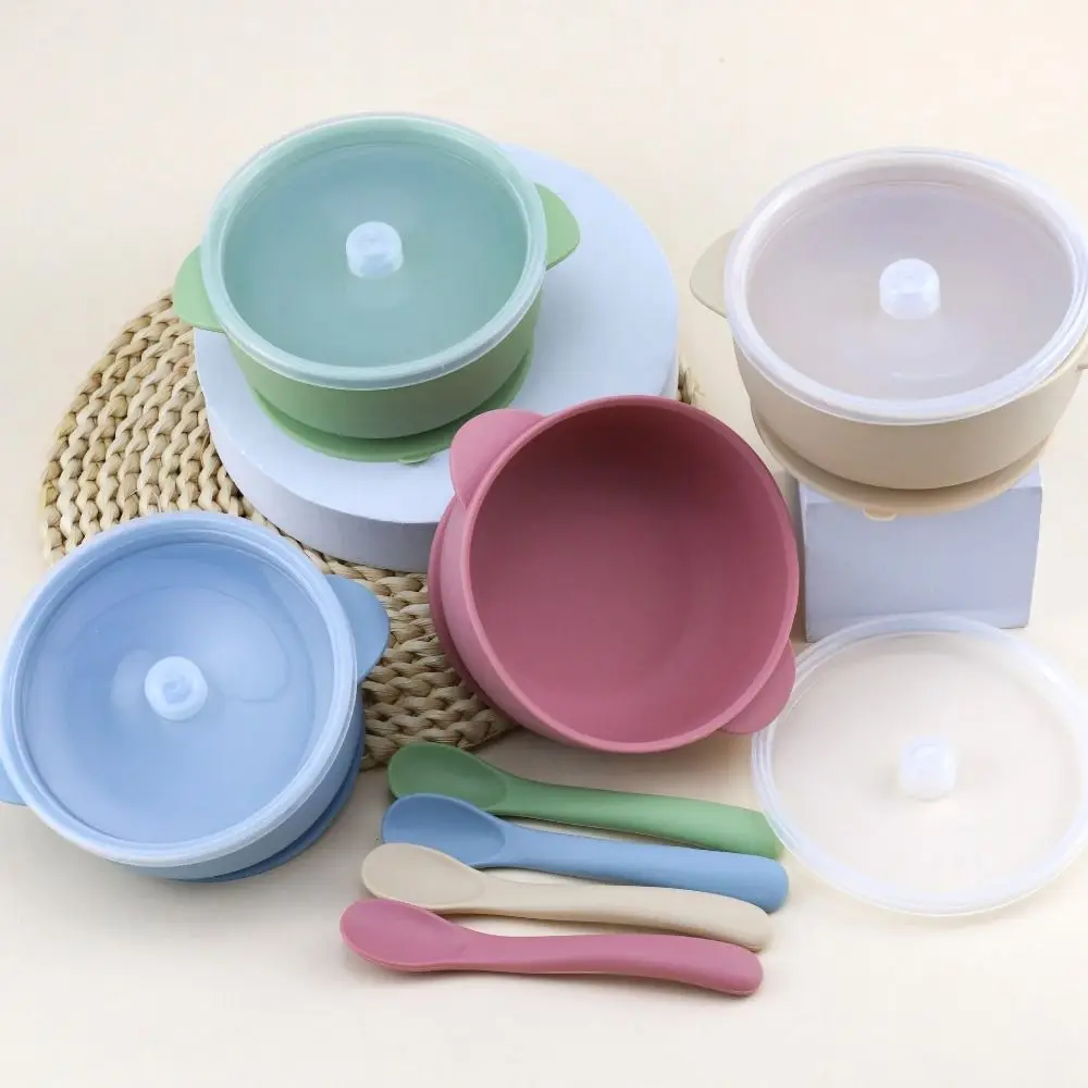 

Bowl Lid Spoon Set Baby Suction Dinner Bowl Durable Non-Slip Baby Silicone Suction Plate Sturdy 400ML Kids Feeding Tableware