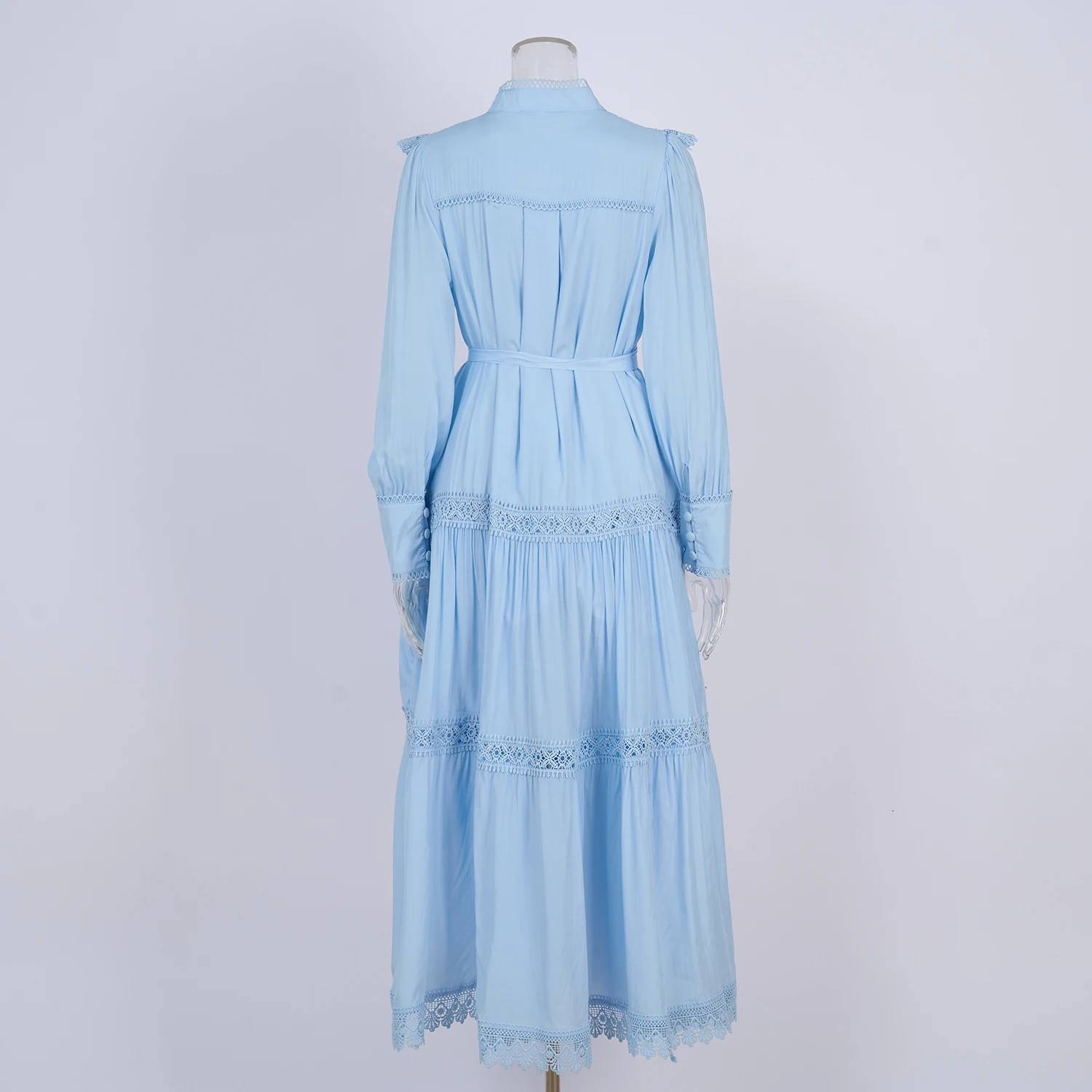 Fashion Elegant Hollow Out Embroidery Long Prom Dress Women's Stand Ruffles Lace Lantern Sleeve Single Breasted Long Vestidos