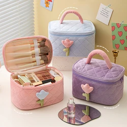 Cute Corduroy Makeup Storage Bag Portable Travel Cosmetic Tulip Pouch Toiletry Organizer Large Capacity Flower Pattern Bags