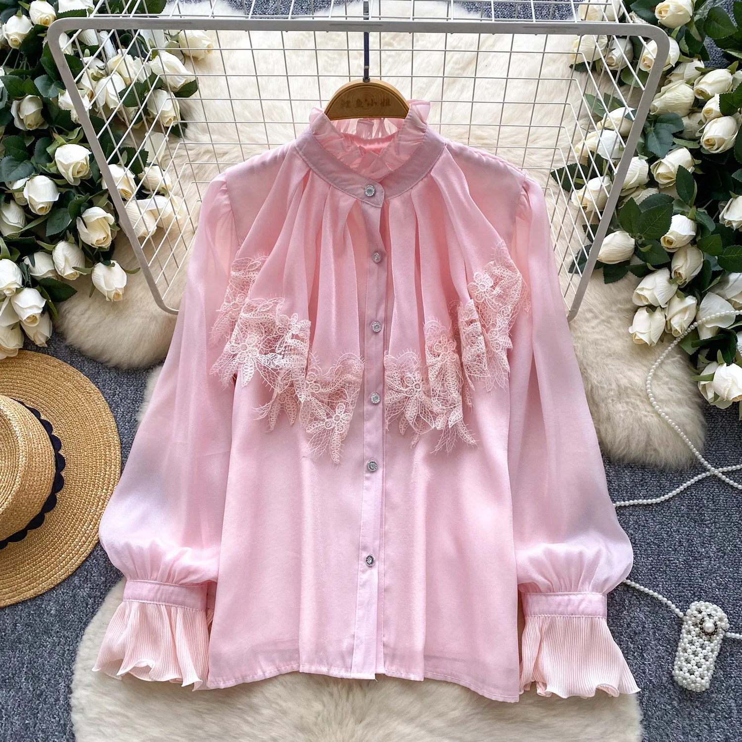 

Women Blouses Shirt Round Neck Full Sleeve Tops Lace Y2k Streetwear Elegant Splice Casual Solid Top Shirts 2025 Summer
