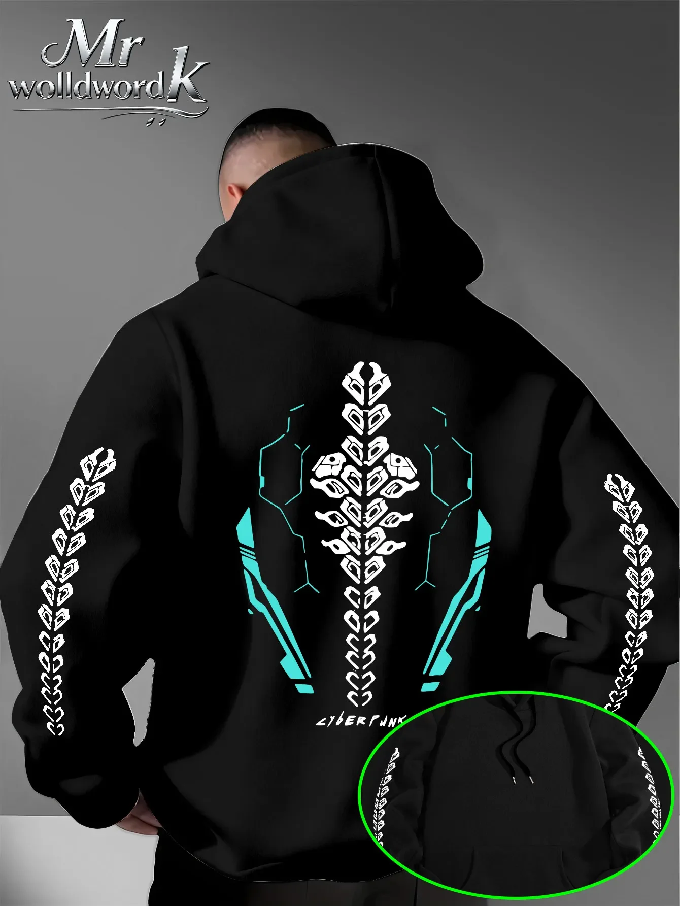 Men Cyber Mechanical Skeleton Hoodie Chain Pattern Sleeve Back Multi‑Print Hooded Sweatshirt Autumn Winter Fleece Loose Hoodie