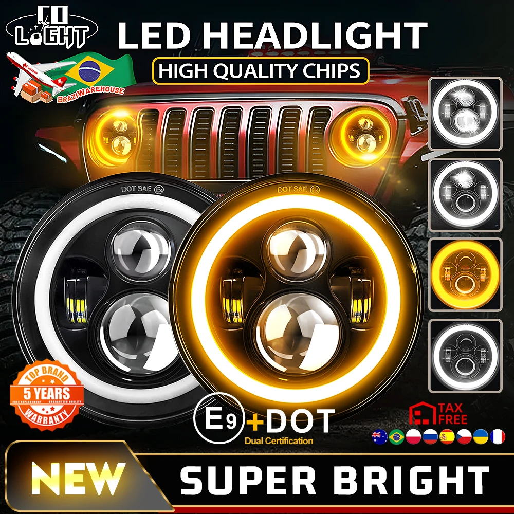 CO LIGHT 7 Inch LED Headlight 180W H4 Hi-Lo With Halo Angel Eyes E9 Dot Amber Turn Signal Light For Lada 4x4 urban Niva 12V 24V