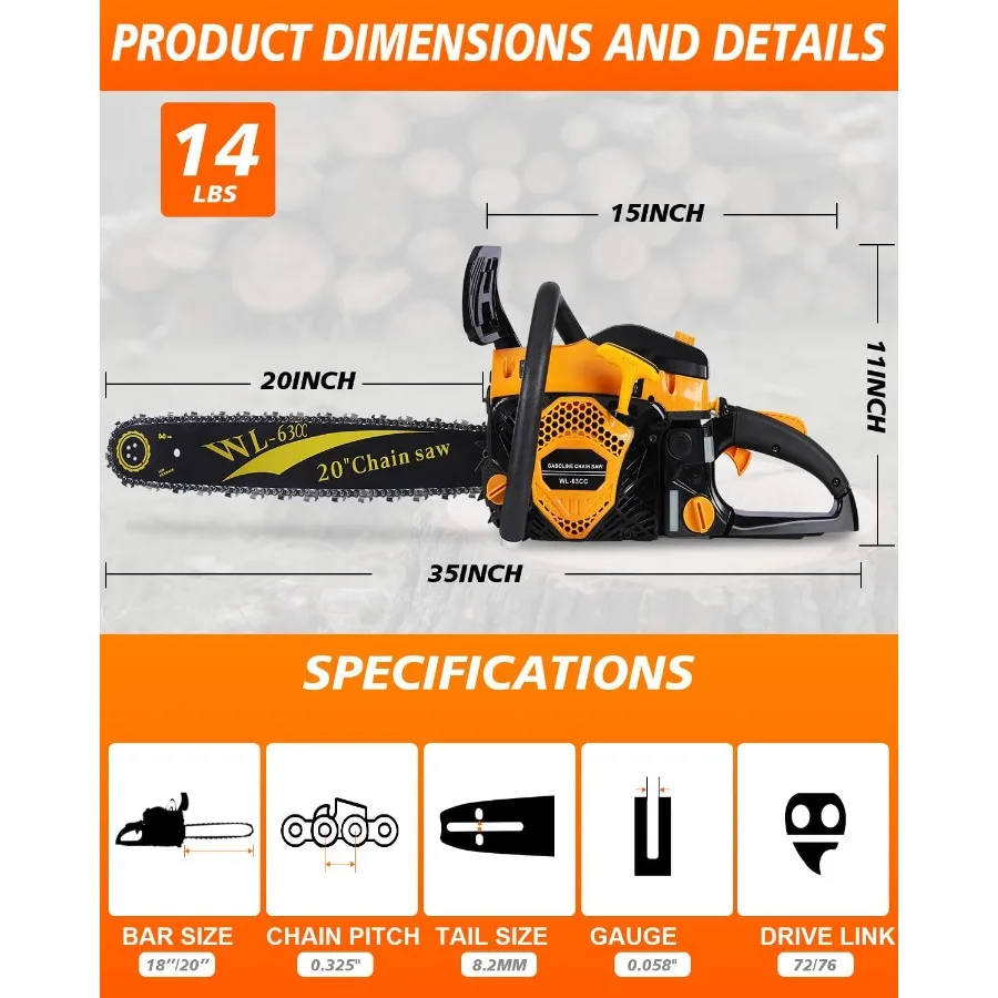 63CC Gas Powered Chainsaw 20 Inch 2-Cycle Engine with 2 Chains Bars Heavy Duty Gas Chain Saw for Tree Felling Logging and Firew