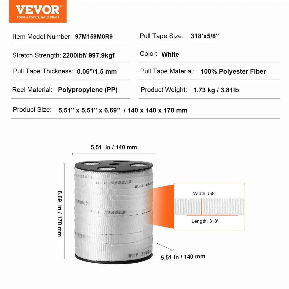 5/8 Polyester Mule Tape, 318' Flat Rope, 2200 lbf Tensile Strength, Printed Cable Pulling Tape for packaging , Gardening &