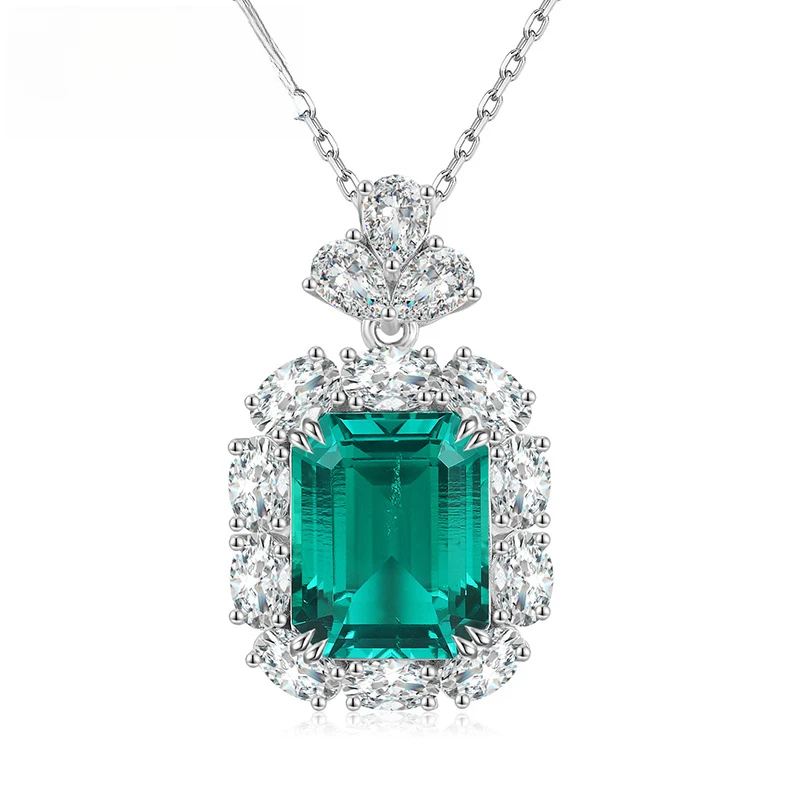 Luxury Lab Grown Colombian Emerald With Inclusions Emerald Shape 10CT Green Pendant Silver Necklace For Lady Christmas Gift