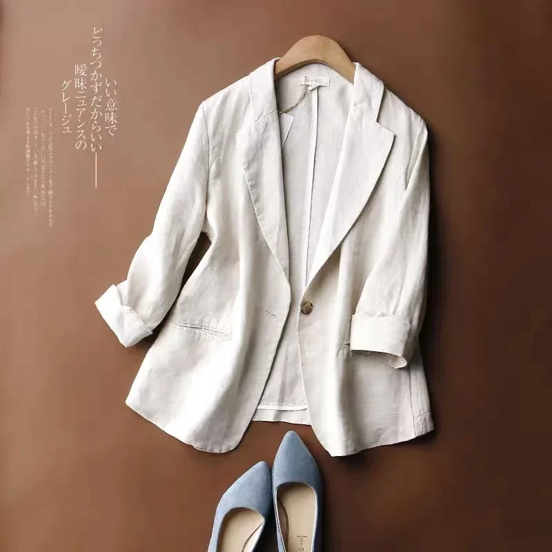 

2025 Spring and Autumn New Fashion Loose Solid Color Cotton and Linen Small Blazer Women