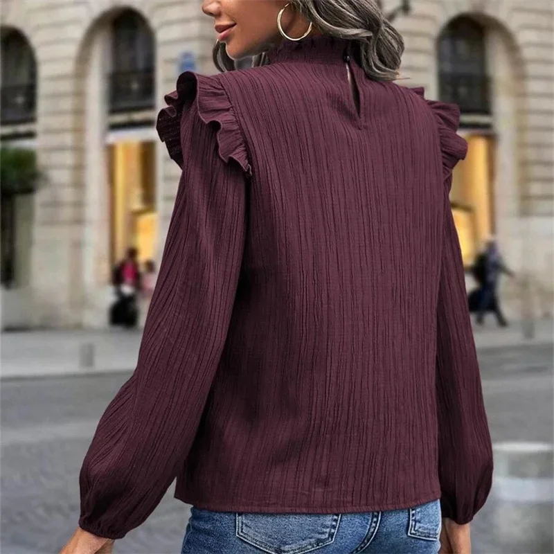 Women Ruffle Trim Decoration Lantern Long Sleeve Chiffon Shirt Autumn Stand-up Collar Pullover Blouse Female Elegant Loose Tops