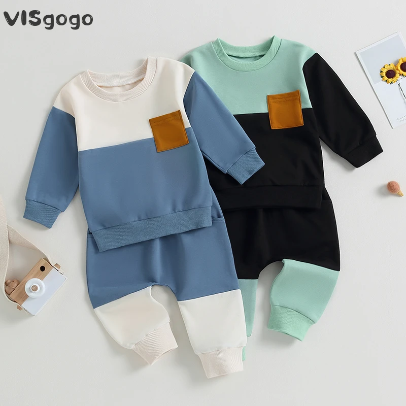 

VISgogo 0-3Y Baby Boys Fall Winter Outfit Contrast Color Long Sleeve Crew Neck Sweatshirt with Elastic Waist Sweatpants Clothes