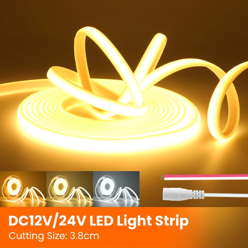 12V 24V COB LED Strip Light DC Plug/2Pin Wire Hight Bright Tape Flexible 320LEDs/m IP67 Waterproof Home Decor 3000K 4000K 6000K