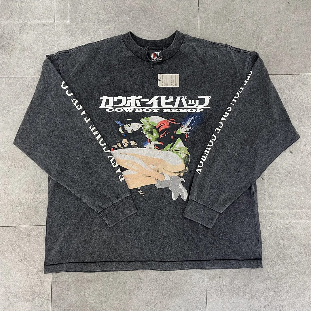 26ss SAINT Anime Co-brand Vintage Women Men washed distressed splatter long-sleeve layer T-shirt Oversize Men Cotton T shirt