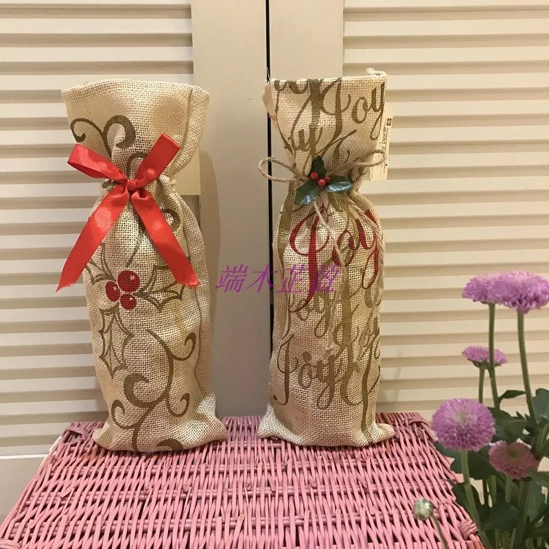 

Рождественский ретро льняной шелкографический шнурок для бутылки вина, набор для шампанского и вина