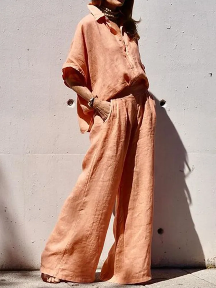 

Summer Fashion Temperament Commuting Suit Women's Solid Color Loose Cotton Linen Lapel Shirt Wide-leg Trousers Two-piece Set