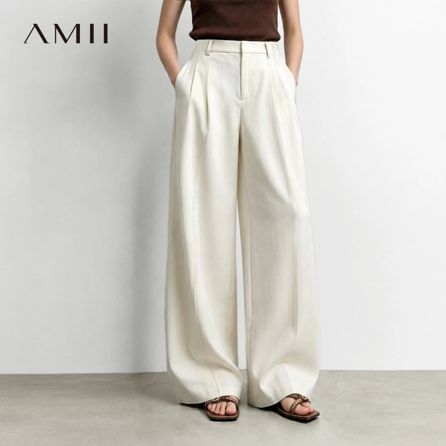 Amii Women's Wide Leg Pants Cotton Casual Loose Fit Minimalist Long Trousers 2026 Autumn Straight Pants Woman Clothing 12643015