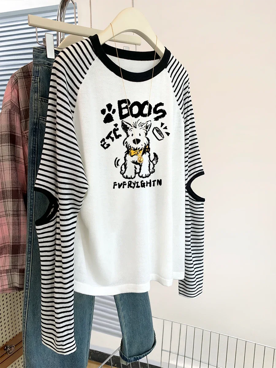 

Retro American Color Block Shoulder Insert Striped Hollow out Design Long Sleeve Women's T-Shirt Spring Autumn New Style Top